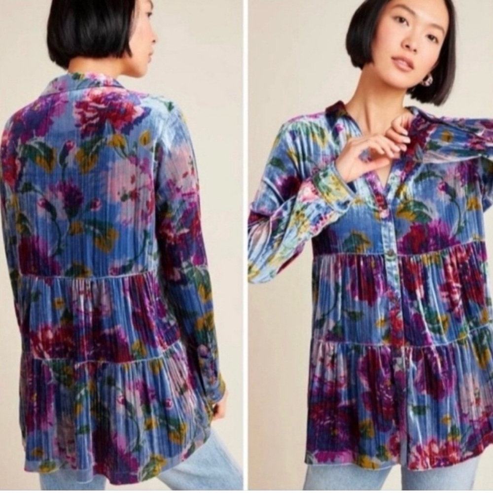 Anthropologie Blue Multi Floral Velvet Tiered Button-Up Tunic NWT - Picture 1 of 10
